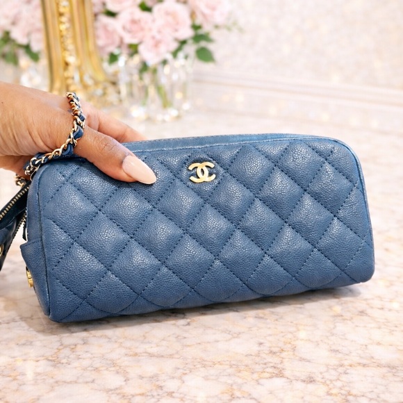 CHANEL Handbags - Chanel Quilted Blue Leather Cosmetic Pouch CC Logo Rare Color